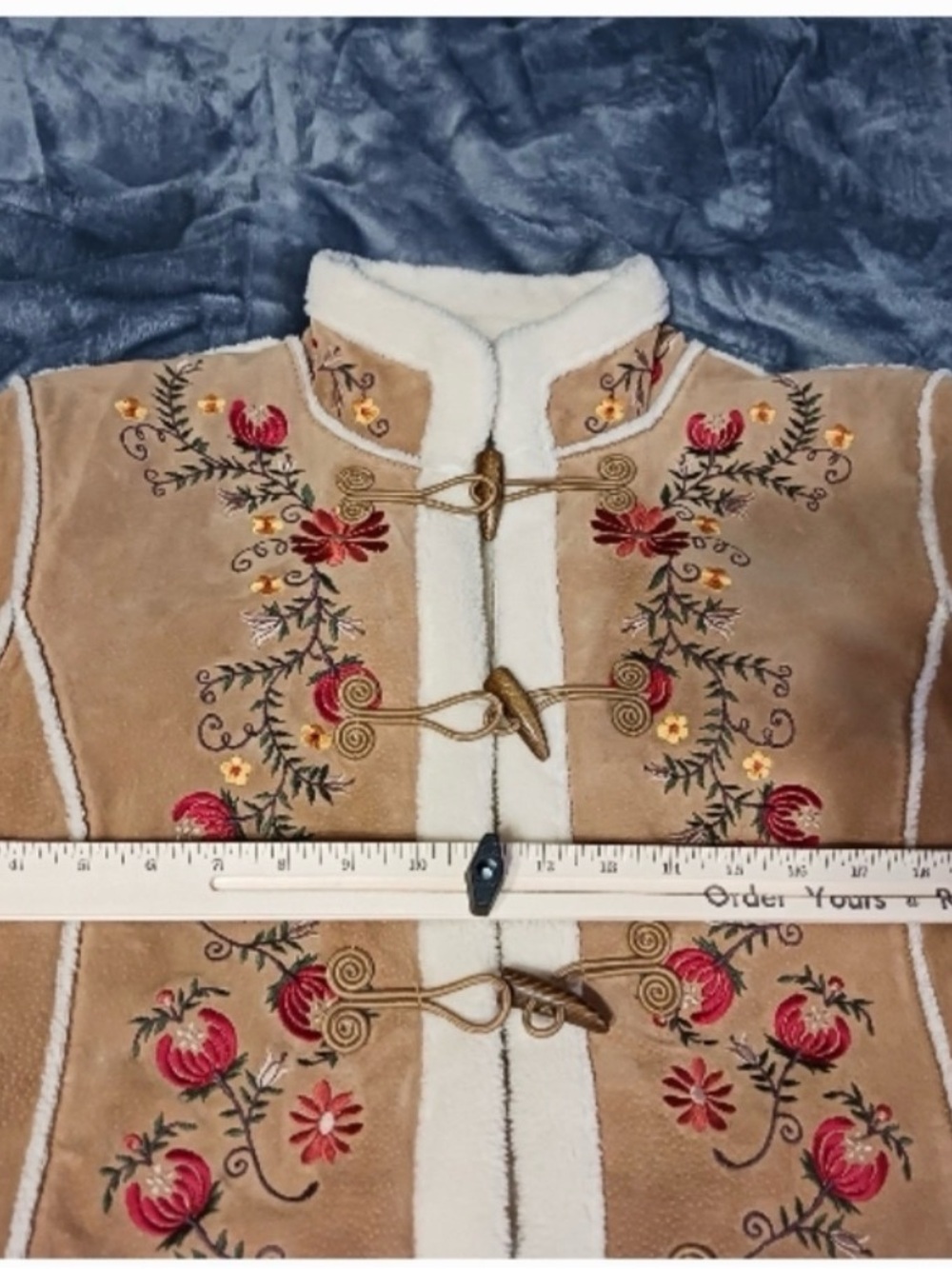 Phoebe Friends St. John’s Bay Suede Embroidered Floral Vintage Toggle Coat - Picture 14 of 16